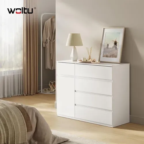 Commode Chambre, 5 Tiroirs Et 1 Placard, Étagère Réglable, 100x40x80cm, Blanc