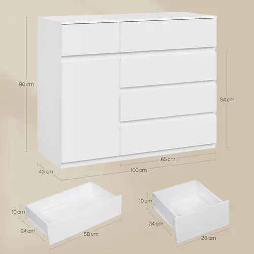 Commode Chambre, 5 Tiroirs Et 1 Placard, Étagère Réglable, 100x40x80cm, Blanc