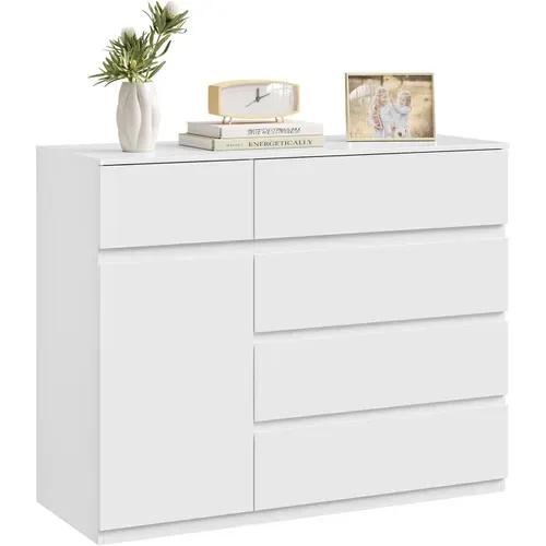 Commode Chambre, 5 Tiroirs Et 1 Placard, Étagère Réglable, 100x40x80cm, Blanc