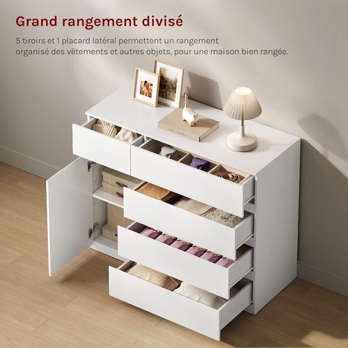 Commode Chambre, 5 Tiroirs Et 1 Placard, Étagère Réglable, 100x40x80cm, Blanc
