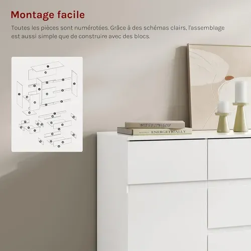 Commode Chambre, 5 Tiroirs Et 1 Placard, Étagère Réglable, 100x40x80cm, Blanc