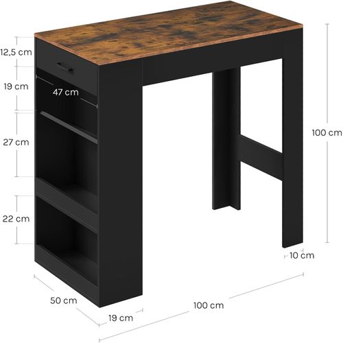Table De Bar, 1 Tiroir Et 3 Compartiments Ouverts, En Bois D'ingénierie, Rustique+Noir,100x50x100cm