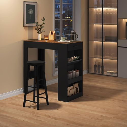 Table De Bar, 1 Tiroir Et 3 Compartiments Ouverts, En Bois D'ingénierie, Rustique+Noir,100x50x100cm