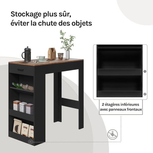 Table De Bar, 1 Tiroir Et 3 Compartiments Ouverts, En Bois D'ingénierie, Rustique+Noir,100x50x100cm