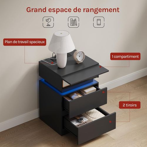 Lot De 2 Table De Chevet Avec Station De Charge, LED, 2 Prises,2 Ports USB,2 Tiroirs,1 Casier,noir