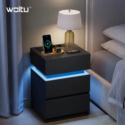 Lot De 2 Table De Chevet Avec Station De Charge, LED, 2 Prises,2 Ports USB,2 Tiroirs,1 Casier,noir