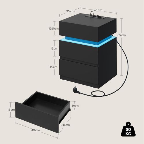 Lot De 2 Table De Chevet Avec Station De Charge, LED, 2 Prises,2 Ports USB,2 Tiroirs,1 Casier,noir