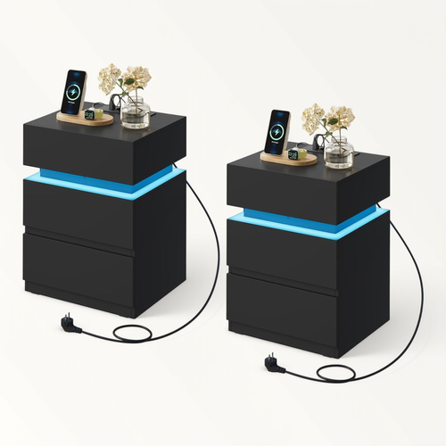 Lot De 2 Table De Chevet Avec Station De Charge, LED, 2 Prises,2 Ports USB,2 Tiroirs,1 Casier,noir