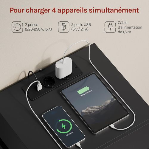 Lot De 2 Table De Chevet Avec Station De Charge, LED, 2 Prises,2 Ports USB,2 Tiroirs,1 Casier,noir