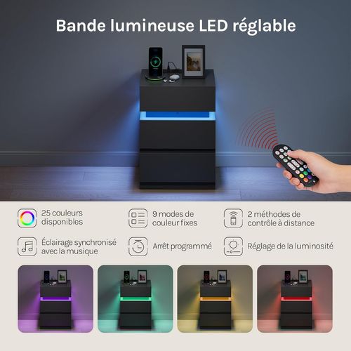 Lot De 2 Table De Chevet Avec Station De Charge, LED, 2 Prises,2 Ports USB,2 Tiroirs,1 Casier,noir