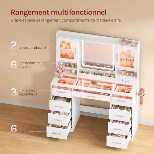 Coiffeuse Avec Miroir LED Réglable Et Éclairage RGB, Plateau En Verre, Prise De Courant, Blanc