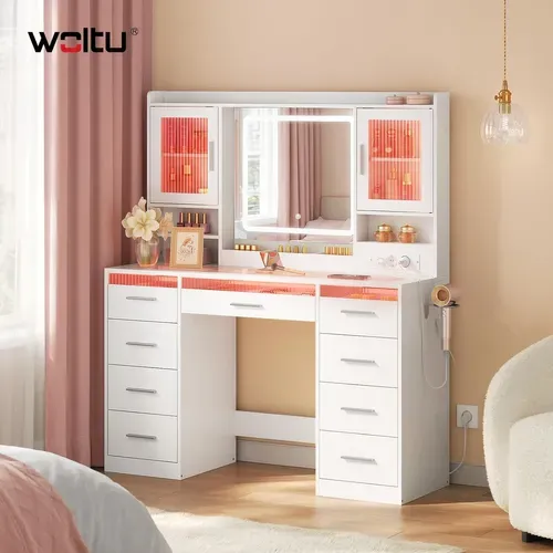 Coiffeuse Avec Miroir LED Réglable Et Éclairage RGB, Plateau En Verre, Prise De Courant, Blanc