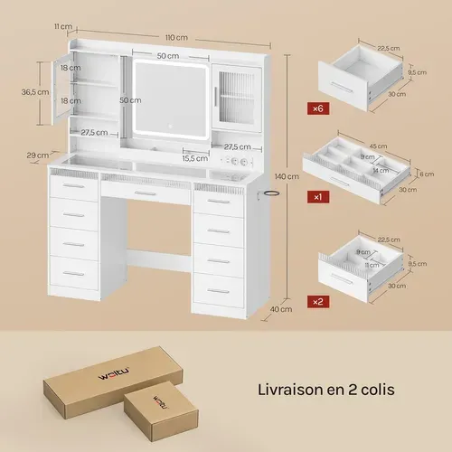 Coiffeuse Avec Miroir LED Réglable Et Éclairage RGB, Plateau En Verre, Prise De Courant, Blanc