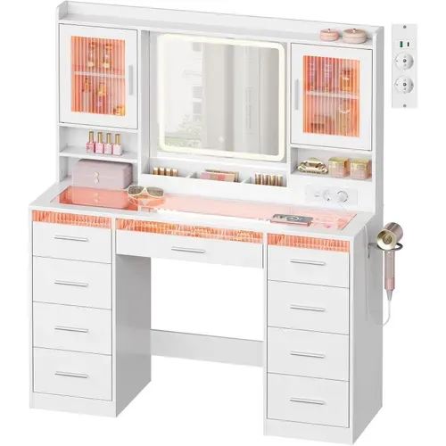 Coiffeuse Avec Miroir LED Réglable Et Éclairage RGB, Plateau En Verre, Prise De Courant, Blanc