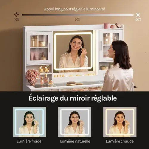 Coiffeuse Avec Miroir LED Réglable Et Éclairage RGB, Plateau En Verre, Prise De Courant, Blanc