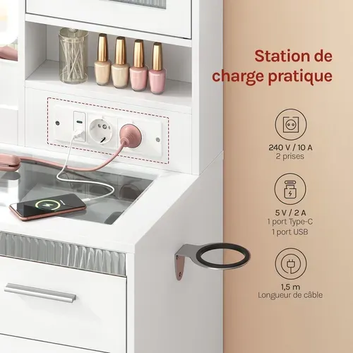 Coiffeuse Avec Miroir LED Réglable Et Éclairage RGB, Plateau En Verre, Prise De Courant, Blanc