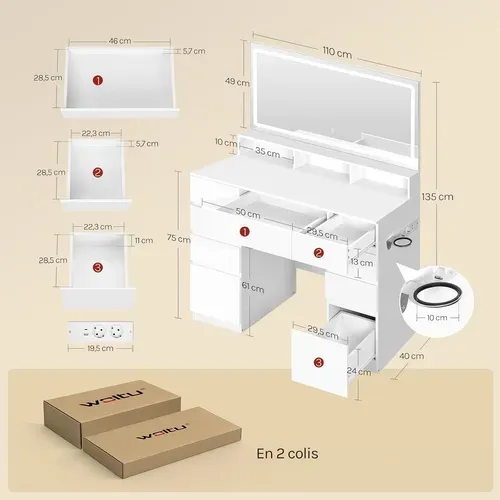 Coiffeuse avec Grand et Grossissant Miroir LED, Table de Maquillage avec 9 Tiroirs, en Bois, Blanc