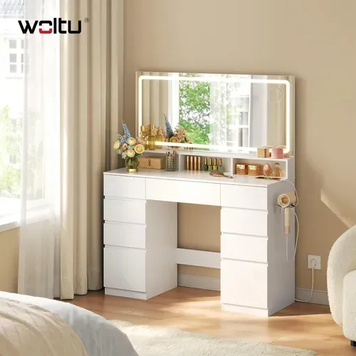 Coiffeuse avec Grand et Grossissant Miroir LED, Table de Maquillage avec 9 Tiroirs, en Bois, Blanc