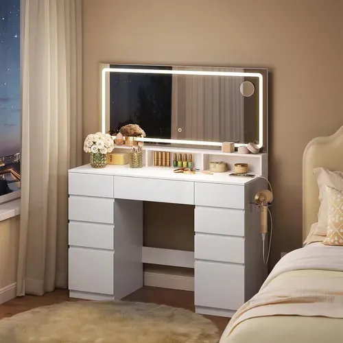 Coiffeuse avec Grand et Grossissant Miroir LED, Table de Maquillage avec 9 Tiroirs, en Bois, Blanc