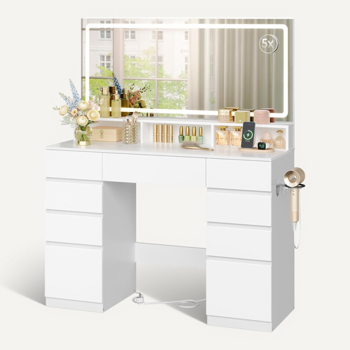 Coiffeuse avec Grand et Grossissant Miroir LED, Table de Maquillage avec 9 Tiroirs, en Bois, Blanc