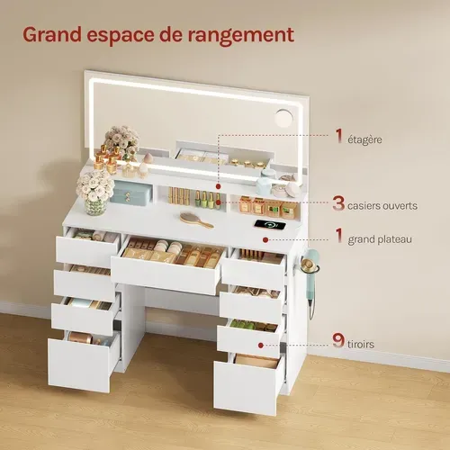 Coiffeuse avec Grand et Grossissant Miroir LED, Table de Maquillage avec 9 Tiroirs, en Bois, Blanc