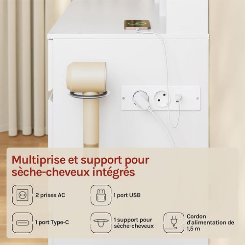Coiffeuse avec Grand et Grossissant Miroir LED, Table de Maquillage avec 9 Tiroirs, en Bois, Blanc