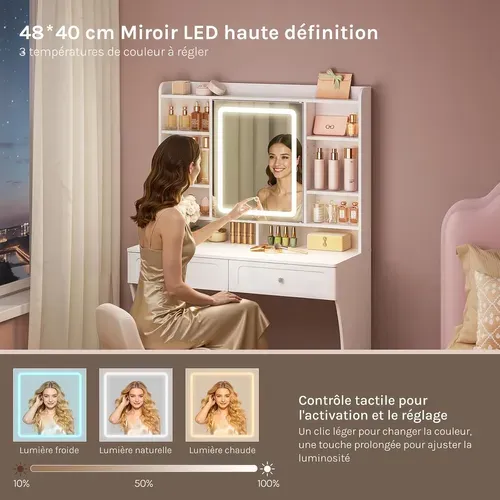 Coiffeuse Avec Miroir LED, Table De Maquillage Avec Étagères Ajustables, Armoire à Bijoux, Blanc