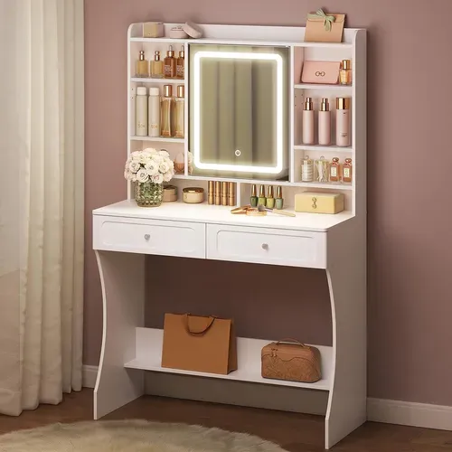 Coiffeuse Avec Miroir LED, Table De Maquillage Avec Étagères Ajustables, Armoire à Bijoux, Blanc