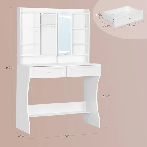 Coiffeuse Avec Miroir LED, Table De Maquillage Avec Étagères Ajustables, Armoire à Bijoux, Blanc