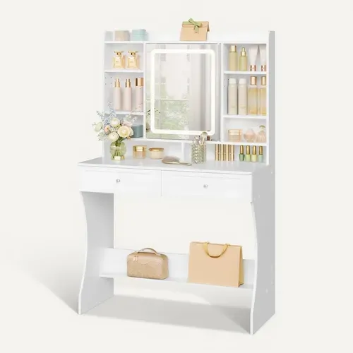 Coiffeuse Avec Miroir LED, Table De Maquillage Avec Étagères Ajustables, Armoire à Bijoux, Blanc