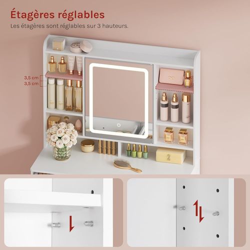 Coiffeuse Avec Miroir LED, Table De Maquillage Avec Étagères Ajustables, Armoire à Bijoux, Blanc