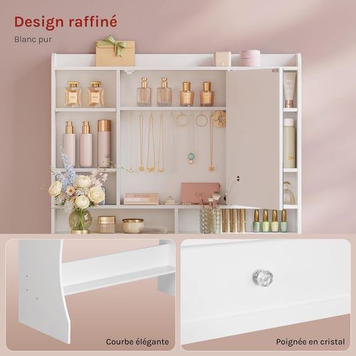 Coiffeuse Avec Miroir LED, Table De Maquillage Avec Étagères Ajustables, Armoire à Bijoux, Blanc