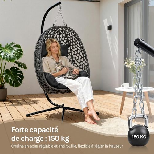 Fauteuil Oeuf Suspendu Avec Support En Métal,coussin De Siège,appui-tête,rotin Pe,102x100x196cm,noir