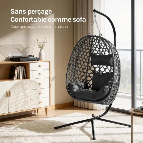 Fauteuil Oeuf Suspendu Avec Support En Métal,coussin De Siège,appui-tête,rotin Pe,102x100x196cm,noir