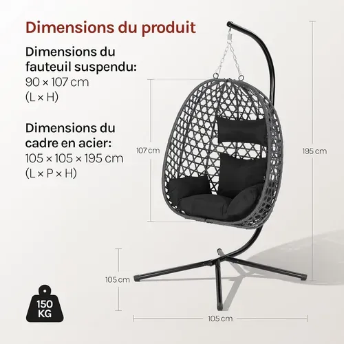 Fauteuil Oeuf Suspendu Avec Support En Métal,coussin De Siège,appui-tête,rotin Pe,102x100x196cm,noir
