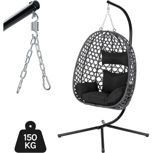 Fauteuil Oeuf Suspendu Avec Support En Métal,coussin De Siège,appui-tête,rotin Pe,102x100x196cm,noir