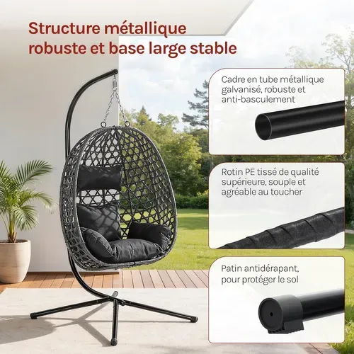 Fauteuil Oeuf Suspendu Avec Support En Métal,coussin De Siège,appui-tête,rotin Pe,102x100x196cm,noir