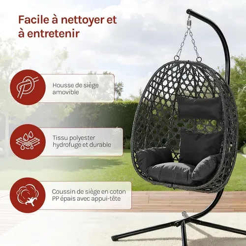 Fauteuil Oeuf Suspendu Avec Support En Métal,coussin De Siège,appui-tête,rotin Pe,102x100x196cm,noir
