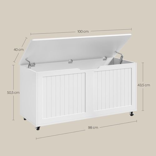 Banc De Rangement à Roulettes, 100x50,5x40cm, Coffre De Rangement Avec Couvercle Rabattable, Blanc