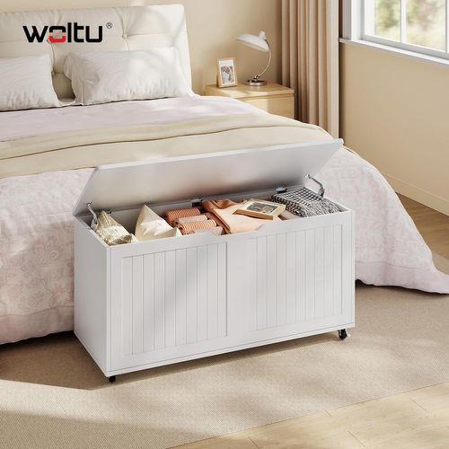 Banc De Rangement à Roulettes, 100x50,5x40cm, Coffre De Rangement Avec Couvercle Rabattable, Blanc