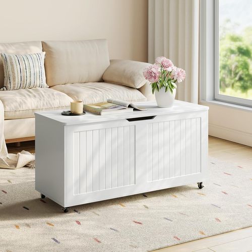 Banc De Rangement à Roulettes, 100x50,5x40cm, Coffre De Rangement Avec Couvercle Rabattable, Blanc