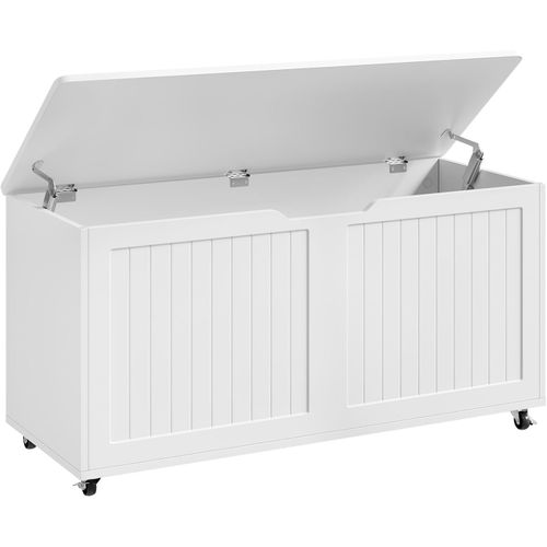 Banc De Rangement à Roulettes, 100x50,5x40cm, Coffre De Rangement Avec Couvercle Rabattable, Blanc