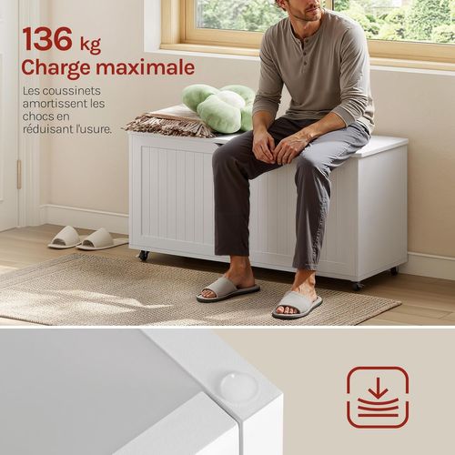 Banc De Rangement à Roulettes, 100x50,5x40cm, Coffre De Rangement Avec Couvercle Rabattable, Blanc