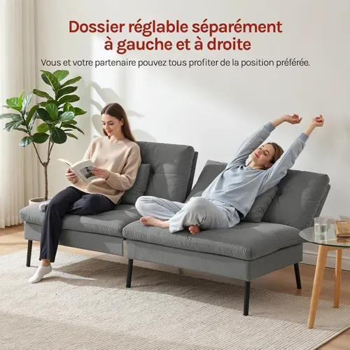 Canapé Lit 2 Places Convertible, Clic Clac, Avec 2 Coussins, Dossier Réglable, Tissu Lin,Gris Foncé