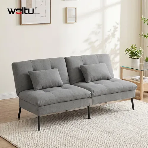 Canapé Lit 2 Places Convertible, Clic Clac, Avec 2 Coussins, Dossier Réglable, Tissu Lin,Gris Foncé