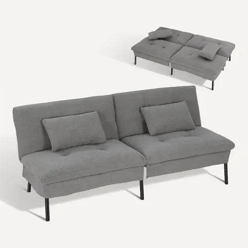 Canapé Lit 2 Places Convertible, Clic Clac, Avec 2 Coussins, Dossier Réglable, Tissu Lin,Gris Foncé