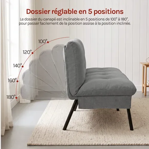 Canapé Lit 2 Places Convertible, Clic Clac, Avec 2 Coussins, Dossier Réglable, Tissu Lin,Gris Foncé