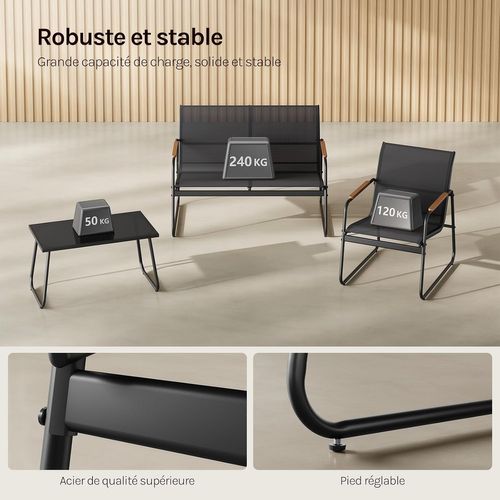Salon De Jardin Extérieur Pour 4 Personnes, 1 Table, 2 Chaises Et 1 Banc, En Tissu Polyester, Noir