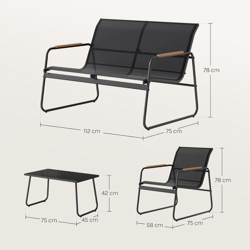 Salon De Jardin Extérieur Pour 4 Personnes, 1 Table, 2 Chaises Et 1 Banc, En Tissu Polyester, Noir