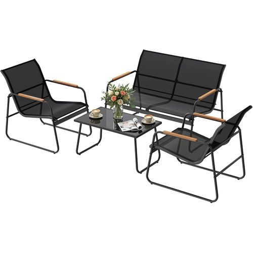 Salon De Jardin Extérieur Pour 4 Personnes, 1 Table, 2 Chaises Et 1 Banc, En Tissu Polyester, Noir